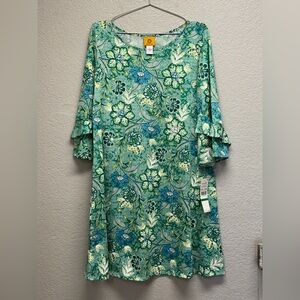Ruby Rd. Green and White Patterned floral dress. Size L Pit 23”X L 37” NWT
